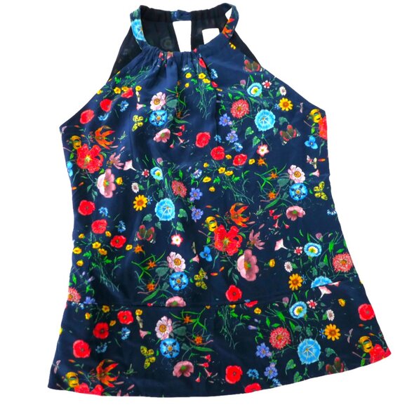ecru Tops - SiLK Ecru Brand Navy Floral Cami Top High Neck Keyhole Button Back Lined S Small